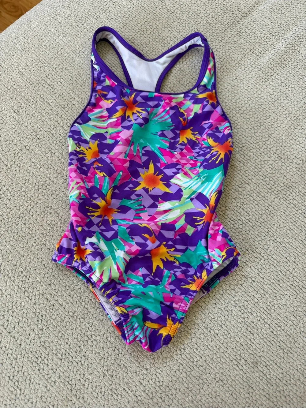 Kids One-Piece Swimsuit - Purple Tropical Print and hearts